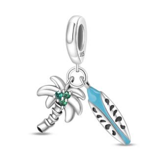 Silver Palm Tree Blue Surfboard Beach Charm