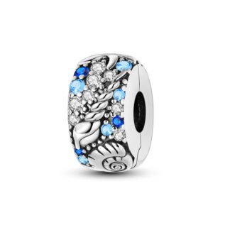 Silver Beach Blue Gems Seashells Cylindrical Charm