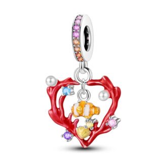 Silver Red Cora Heart Fish and Pearls Ocean Scenic Charm