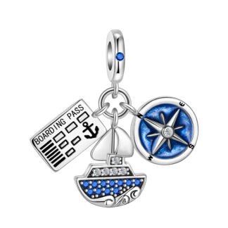 Silver Boarding Pass Blue Ship Compass Travel Adventure Charm
