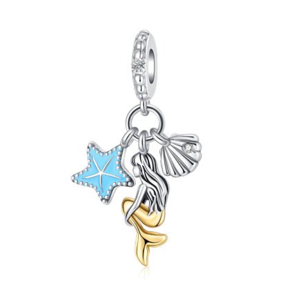 Silver Golden Tail Mermaid with Seashell and Blue Starfish Charm