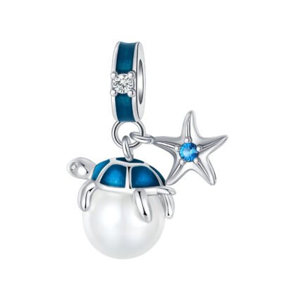 Silver Blue Turtle on Pearl Starfish Ocean Aquatic Charm