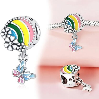 Silver Pastel Rainbow White Flowers Dangling Butterfly Charm - Image 2