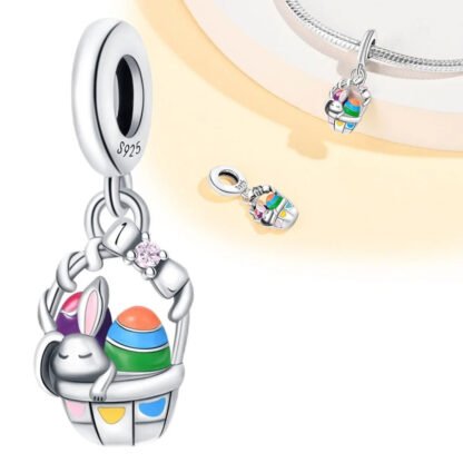 Silver Dangling Bunny Rabbit Colorful Easter Eggs Basket Charm - Image 2