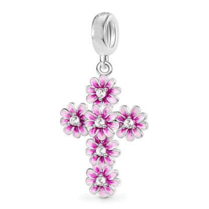 Silver Pink Flowers Cross Aesthetic Fantasy Charm