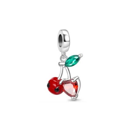 Silver Green Leaf Red Cherries Fruit Charm