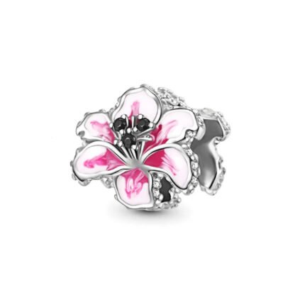 Silver Small Pink Flower Black Gems Orchid Charm