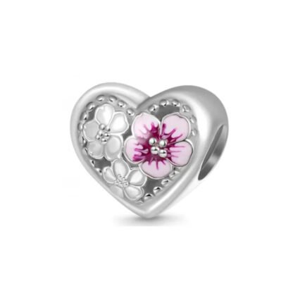 Silver White and Pink Flowers Heart Charm