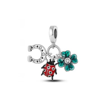 Silver Horseshoe Green Clover Ring Red Ladybug Lucky Charm