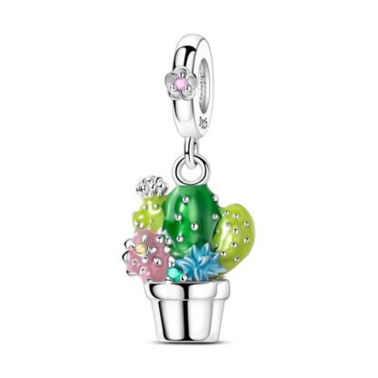 Silver Potted Green Pink Blue Small Cactus Charm