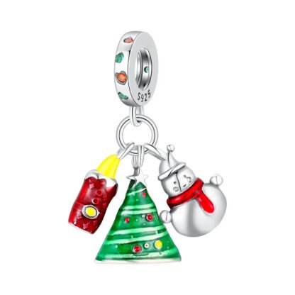 Silver Scarfed Snowman Green Tree Red Candle Christmas Charm